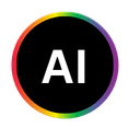 A black disc with a narrow rainbow colour border and AI written on it in white letters and it is used to signify that the content was AI generated using a prompt or series of prompts.